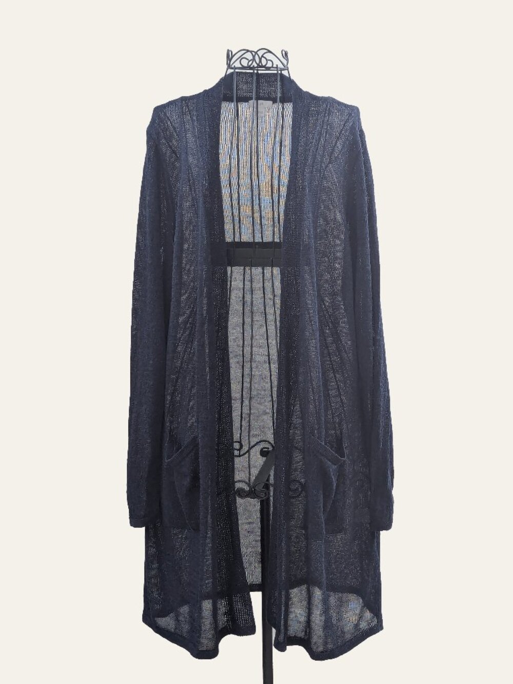 J.Jill Linen Viscose Long Open Front Cardigan L Navy Blue Pockets